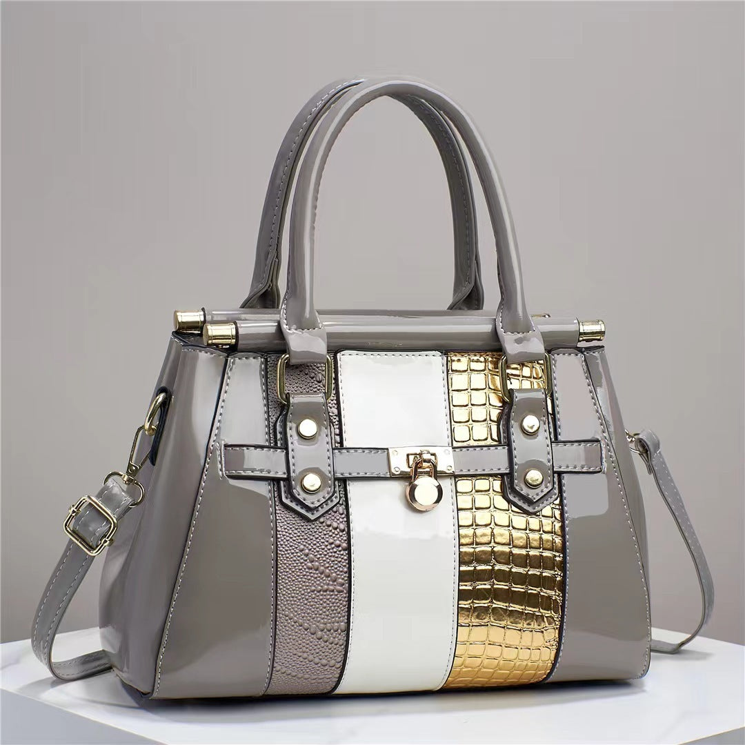 Vertical Stitching Bright Leather Lizard Pattern Large Capacity Shoulder Bag
